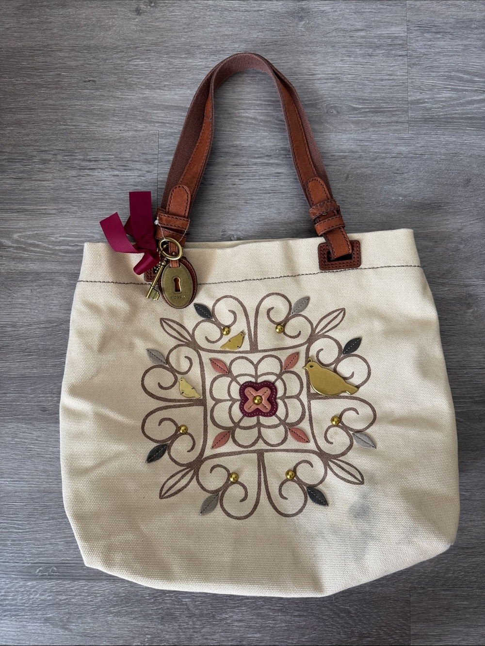 Fossil Leather and Canvas Tote Bag with Bird Motif and Charms